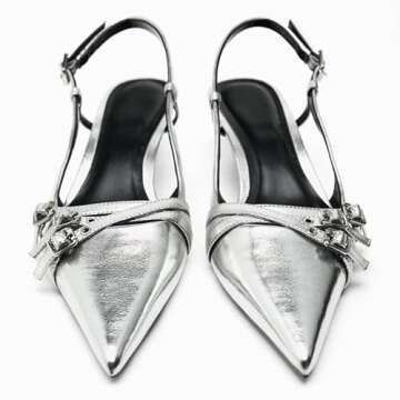 CORNMOOD Slingabck Kitten Heels for Women Silver Pointed Toe Pumps Stiletto Heel with Buckle Strap Pump Shoes Sexy Striptease Womens Sling Back Heeled Sandals…