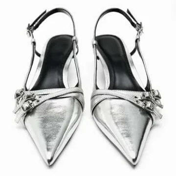 CORNMOOD Slingabck Kitten Heels for Women Silver Pointed Toe Pumps Stiletto Heel with Buckle Strap Pump Shoes Sexy Striptease Womens Sling Back Heeled Sandals…