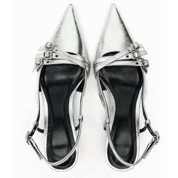 CORNMOOD Slingabck Kitten Heels for Women Silver Pointed Toe Pumps Stiletto Heel with Buckle Strap Pump Shoes Sexy Striptease Womens Sling Back Heeled Sandals…