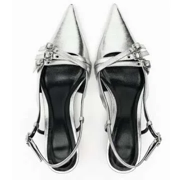 CORNMOOD Slingabck Kitten Heels for Women Silver Pointed Toe Pumps Stiletto Heel with Buckle Strap Pump Shoes Sexy Striptease Womens Sling Back Heeled Sandals…