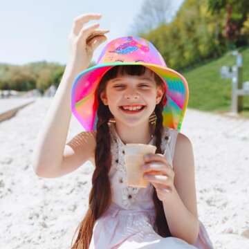 Sun Hat for Kids UV Protection Unicorn Summer, Beach Play Ponytail Hat Wide Brim Neck Flap for Girls...