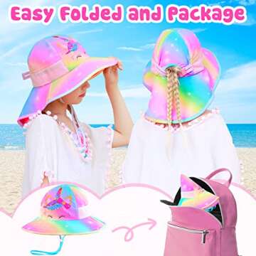 Sun Hat for Kids UV Protection Unicorn Summer, Beach Play Ponytail Hat Wide Brim Neck Flap for Girls 2-9 Years