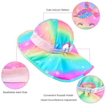Sun Hat for Kids UV Protection Unicorn Summer, Beach Play Ponytail Hat Wide Brim Neck Flap for Girls 2-9 Years