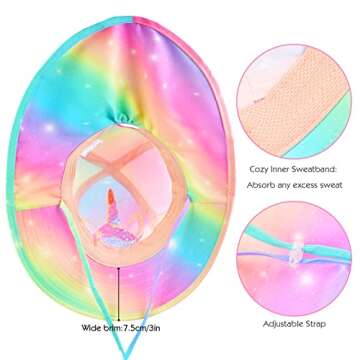 Sun Hat for Kids UV Protection Unicorn Summer, Beach Play Ponytail Hat Wide Brim Neck Flap for Girls 2-9 Years