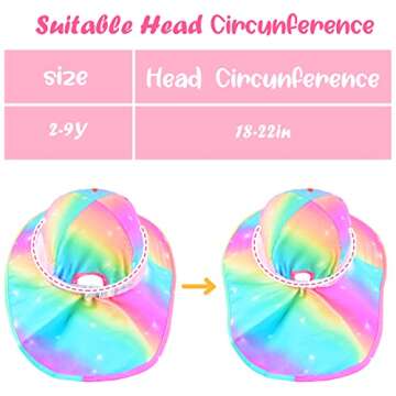 Sun Hat for Kids UV Protection Unicorn Summer, Beach Play Ponytail Hat Wide Brim Neck Flap for Girls 2-9 Years