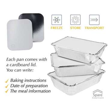 Spare Essentials 55 Pack - 2.25 LB To go Foil Containers with Lids - Disposable Aluminum Food Contai...