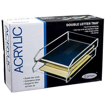 Kantek Clear Acrylic Double Letter Tray, 2 Tier Stackable Desk Organizer, Front loading, 10.6" x 13.9" x 4.8", Non-Skid Feet, Office Organizer, Desk Accessory