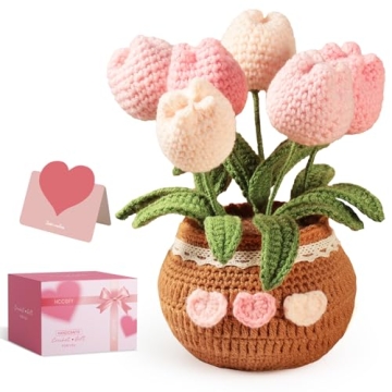 Hccgfy Completed Hand-Crocheted Tulip Potted Plant with Gift Box, Unique Hand-Crafted Gift for Home ...