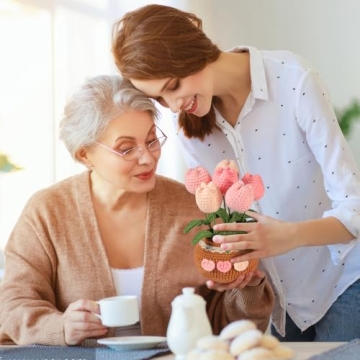 Hccgfy Completed Hand-Crocheted Tulip Potted Plant with Gift Box, Unique Hand-Crafted Gift for Home and Office Desk Decor, Perfect for Girlfriend, Wife, Moms, Lover and You (Pink)