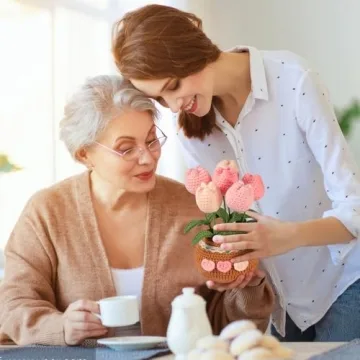 Hccgfy Completed Hand-Crocheted Tulip Potted Plant with Gift Box, Unique Hand-Crafted Gift for Home and Office Desk Decor, Perfect for Girlfriend, Wife, Moms, Lover and You (Pink)