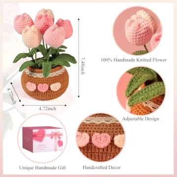 Hccgfy Completed Hand-Crocheted Tulip Potted Plant with Gift Box, Unique Hand-Crafted Gift for Home and Office Desk Decor, Perfect for Girlfriend, Wife, Moms, Lover and You (Pink)