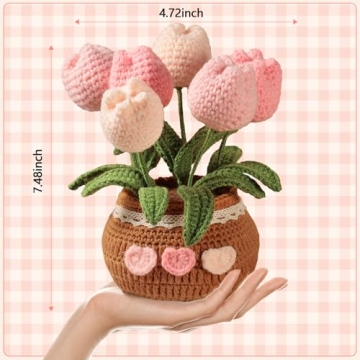 Hccgfy Completed Hand-Crocheted Tulip Potted Plant with Gift Box, Unique Hand-Crafted Gift for Home and Office Desk Decor, Perfect for Girlfriend, Wife, Moms, Lover and You (Pink)