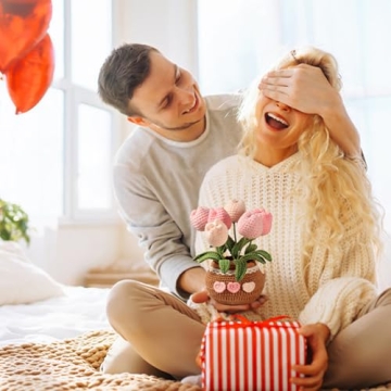 Hccgfy Completed Hand-Crocheted Tulip Potted Plant with Gift Box, Unique Hand-Crafted Gift for Home and Office Desk Decor, Perfect for Girlfriend, Wife, Moms, Lover and You (Pink)