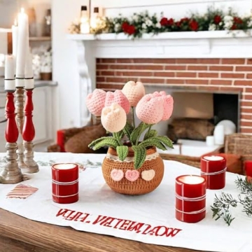 Hccgfy Completed Hand-Crocheted Tulip Potted Plant with Gift Box, Unique Hand-Crafted Gift for Home and Office Desk Decor, Perfect for Girlfriend, Wife, Moms, Lover and You (Pink)