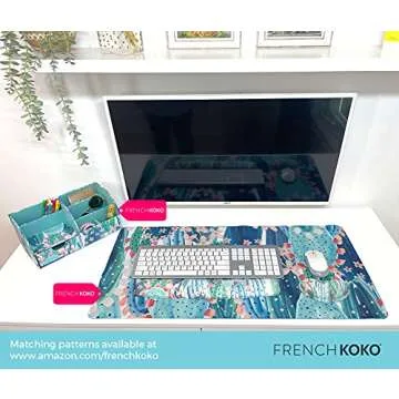 French Koko Large Mouse Pad Long Desk Mat Keyboard Pad Desktop Accessories Home School College Decor Supplies Pretty Extended Mousepad Big Office Essentials Women Girls XL Plant Pink Green Cute Cactus