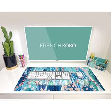 French Koko Large Mouse Pad Long Desk Mat Keyboard Pad Desktop Accessories Home School College Decor Supplies Pretty Extended Mousepad Big Office Essentials Women Girls XL Plant Pink Green Cute Cactus