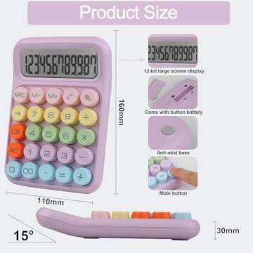 Envysun Colorful Candy Calculator,Mechanical Calculator Cute 12 Digit Large LCD Display Big Round Bu...