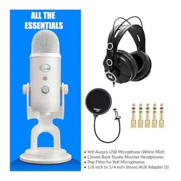 Blue Microphones Yeti USB Microphone (White Mist) Bundle with Monitor Headphones, AUX Adapters and Pop Filter (4 Items)