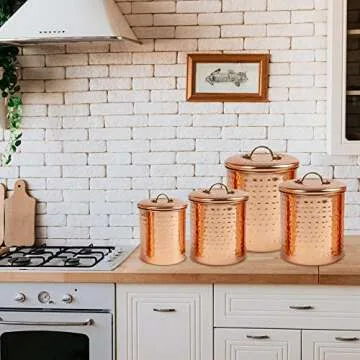 Nu Steel Set of 4 Air Tight Copper Plated Antique Food Canister & Caddy - Stainless Steel & Copper: ...