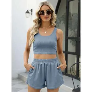 Trendy Queen Two Piece Summer Outfits 2 Piece Sets 2025 Sleeveless Matching Lounge Crop Top High Wai...