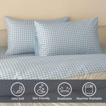 NSNLGSGC Light Blue Gingham Queen Sheet Set, Soft Brushed Microfiber Baby Blue Plaid Queen Bed Sheet...