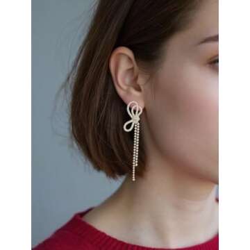 Xioose Rhinestones Earrings for Women silver rhinestone earrings Sparkly Long Linear Dangle Earrings Dangle Tassels Statement Earrings Bridal Wedding (Yellow Crystal Bow)