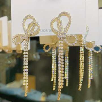 Xioose Rhinestones Earrings for Women silver rhinestone earrings Sparkly Long Linear Dangle Earrings Dangle Tassels Statement Earrings Bridal Wedding (Yellow Crystal Bow)