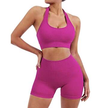 SUUKSESS Women Two Piece Seamless Ribbed Workout Sets Outfits Backless Halter Sports Bra Booty Biker...