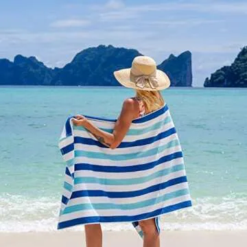 Arkwright Cabo Cabana Stripe Beach Towel - Pack of 4 - Large Soft Quick Dry Cotton Terry Towels for Pool, Swim, and Hot Tub, Oversized 30 x 70 in, Tropical Breeze/Skydive Blue