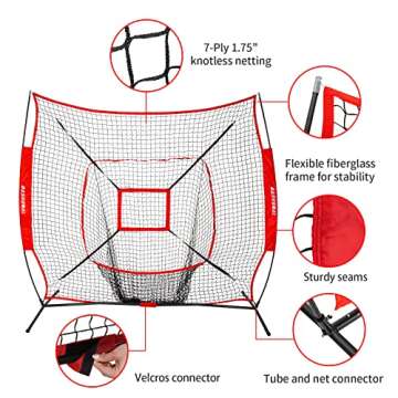 BaseGoal 7'×7' Baseball Softball Practice Net,Baseball Backstop,with Batting Tee,for Hitting Pitchi...