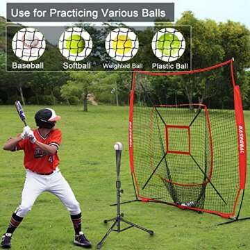 BaseGoal 7'×7' Baseball Softball Practice Net,Baseball Backstop,with Batting Tee,for Hitting Pitching Batting Catching with Bow Frame,Bonus Strike Zone (Red-B)