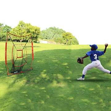 BaseGoal 7'×7' Baseball Softball Practice Net,Baseball Backstop,with Batting Tee,for Hitting Pitching Batting Catching with Bow Frame,Bonus Strike Zone (Red-B)