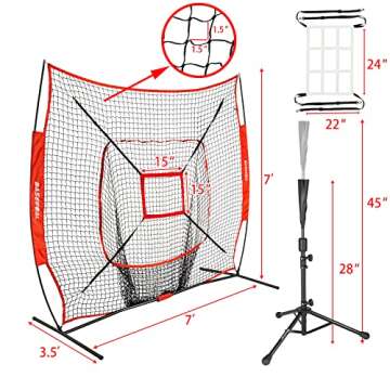 BaseGoal 7'×7' Baseball Softball Practice Net,Baseball Backstop,with Batting Tee,for Hitting Pitching Batting Catching with Bow Frame,Bonus Strike Zone (Red-B)