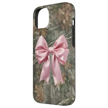 Stylish iPhone 14 Plus Camo Pink Bow Case for Protection