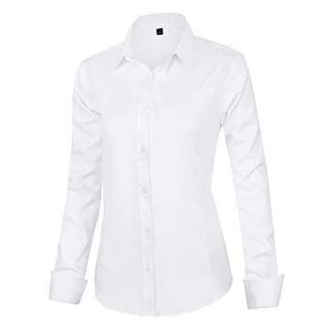 J.VER Womens Dress Shirts Long Sleeve Button Down Shirts Wrinkle-Free Stretch Regular Fit Solid Work Blouse White Medium