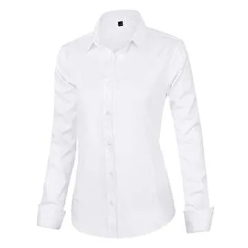 J.VER Womens Dress Shirts Long Sleeve Button Down Shirts Wrinkle-Free Stretch Regular Fit Solid Work Blouse White Medium