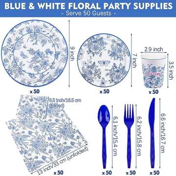Durony 350-Piece Blue & White Floral Party Supplies Set for Elegant Celebrations