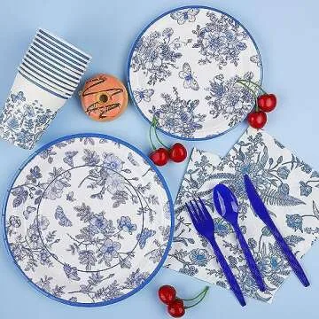 Elegantly Disposable Blue & White Floral Party Supplies Set
