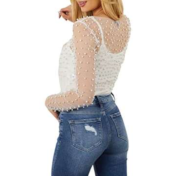Women Sheer Mesh Pearl Top White M