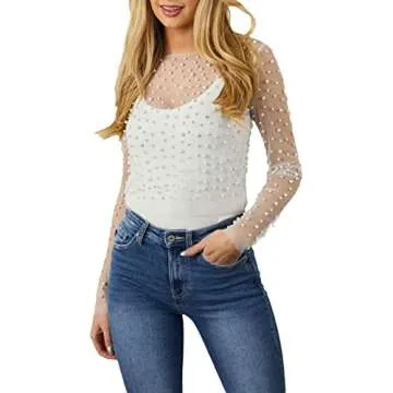 Women Sheer Mesh Pearl Top White M
