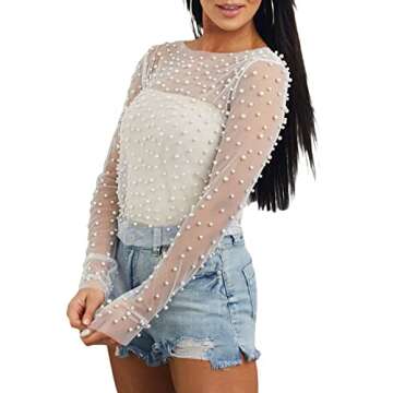 Women Sheer Mesh Pearl Top White M