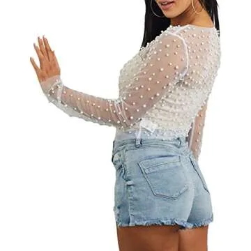 Women Sheer Mesh Pearl Top White M
