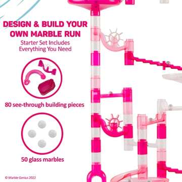 Marble Genius Marble Run Starter Set STEM Toy for Kids Ages 4-12 - 130 Complete Pieces (80 Translucent Marbulous Pieces and 50 Glass Marbles), Construction Building Block Toys, Pink,