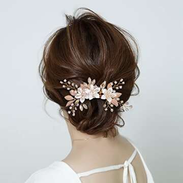 ICYUCO Floral Hair Comb Clip Wedding Accessories for Brides Bridesmaids, Gold Leaf Flower Crystal Diamante Beads Rhinestone Bridal Hair Piece (GOLD), M