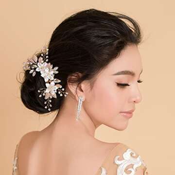 ICYUCO Floral Hair Comb Clip Wedding Accessories for Brides Bridesmaids, Gold Leaf Flower Crystal Diamante Beads Rhinestone Bridal Hair Piece (GOLD), M
