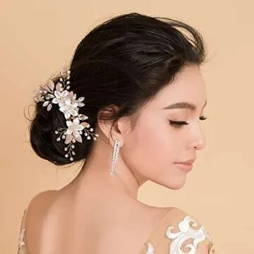 ICYUCO Floral Hair Comb Clip Wedding Accessories for Brides Bridesmaids, Gold Leaf Flower Crystal Diamante Beads Rhinestone Bridal Hair Piece (GOLD), M