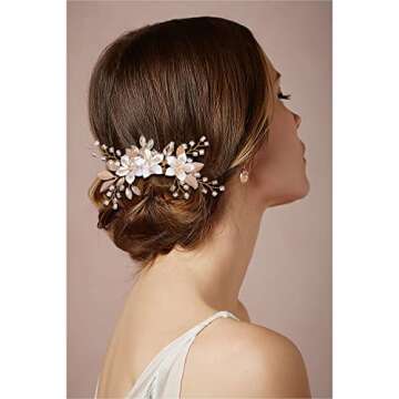 ICYUCO Floral Hair Comb Clip Wedding Accessories for Brides Bridesmaids, Gold Leaf Flower Crystal Diamante Beads Rhinestone Bridal Hair Piece (GOLD), M