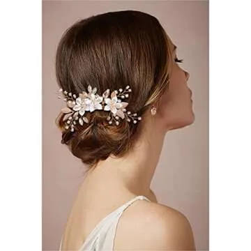 ICYUCO Floral Hair Comb Clip Wedding Accessories for Brides Bridesmaids, Gold Leaf Flower Crystal Diamante Beads Rhinestone Bridal Hair Piece (GOLD), M