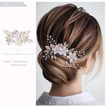 ICYUCO Floral Hair Comb Clip Wedding Accessories for Brides Bridesmaids, Gold Leaf Flower Crystal Diamante Beads Rhinestone Bridal Hair Piece (GOLD), M