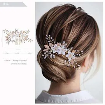 ICYUCO Floral Hair Comb Clip Wedding Accessories for Brides Bridesmaids, Gold Leaf Flower Crystal Diamante Beads Rhinestone Bridal Hair Piece (GOLD), M